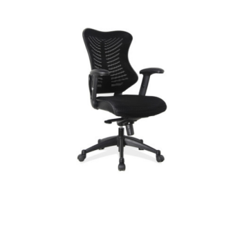 black office chair on wheels with arrow down black mesh back pattern
